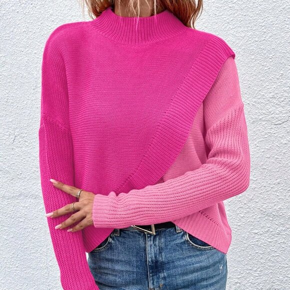 Multicolor Casual Patchwork Women's Long Sleeve Stand Collar Pullover Sweater - Picture 5 of 7